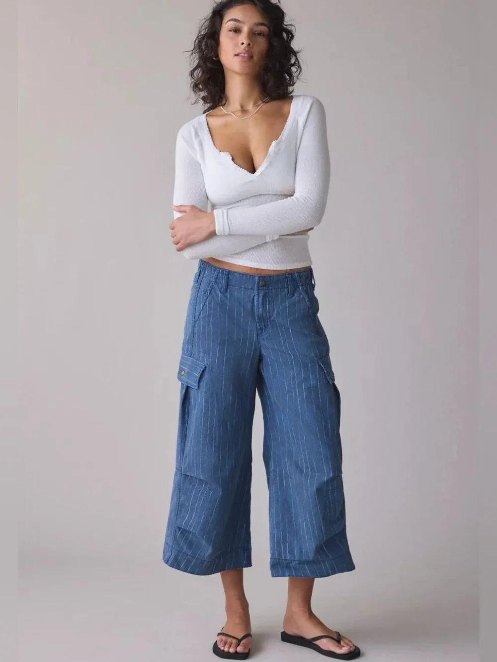 BDG Urban Outfitters A Cut Above Wide Leg Cargo Pants Pinstripe Blue Size Small